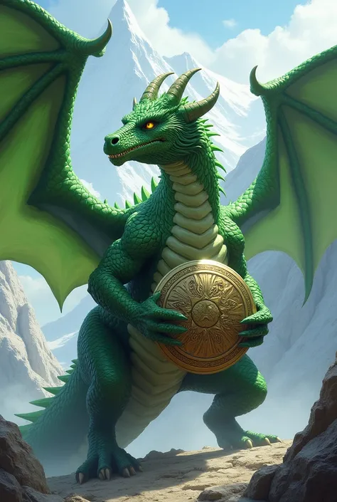 A Green Dragon holding a round logo 