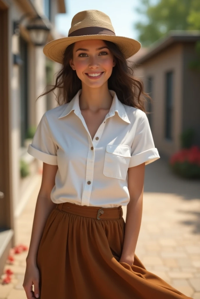 A American inspired girl has dressed up with hat and white shirt and brown skirt with