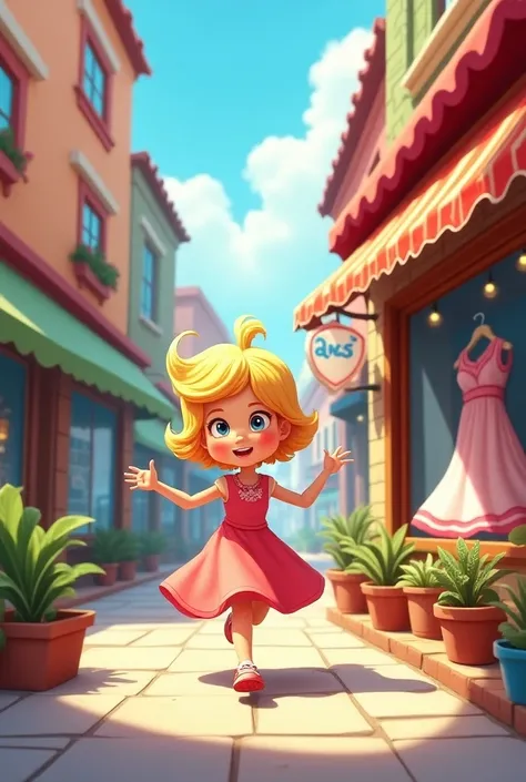 A white girl running to a cartoon-style dress store 