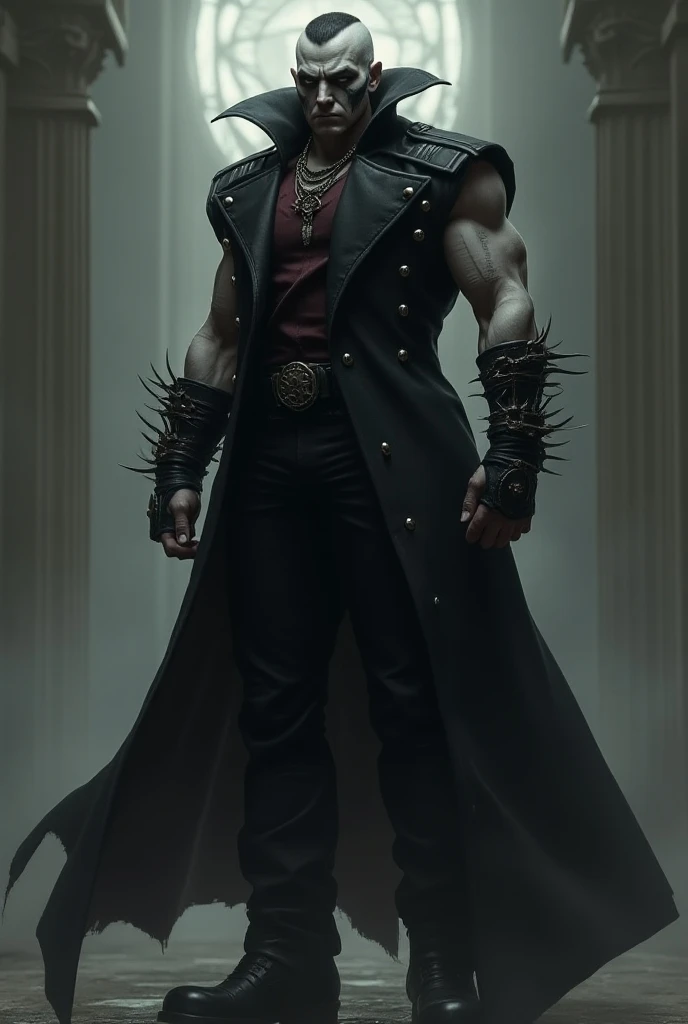  tall anime character , muscular, pale skin,  military style shaved hair ,  black metal style paint on the face,  black vampire style overcoat , bracelets with iron thorns , gothic style leather boots  