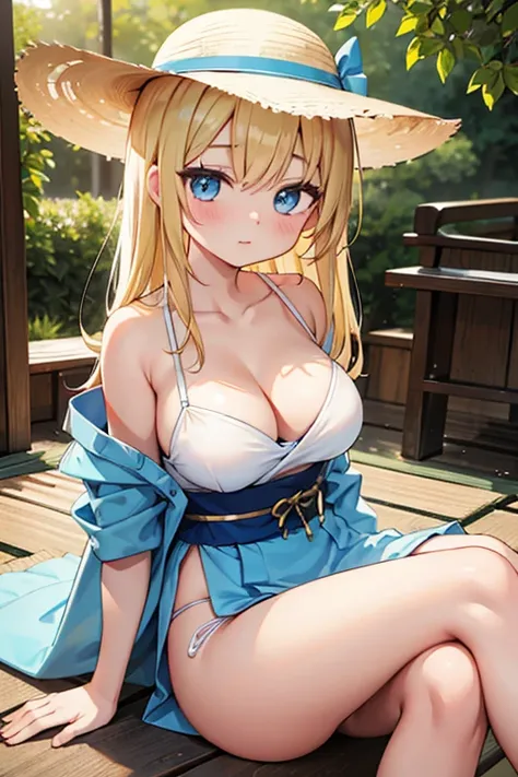 Highest quality,masterpiece,8k,Anime Style,Blonde with blue eyes、camisole、race,White camisole dress micromini skirt,Cleavage,Side view,Large Breasts、sidetie panties,NSFW, two-sideup hair、Cute eyes,sun hat(sun hat),Japanese Festivals,Stall,evening,Smooth th...