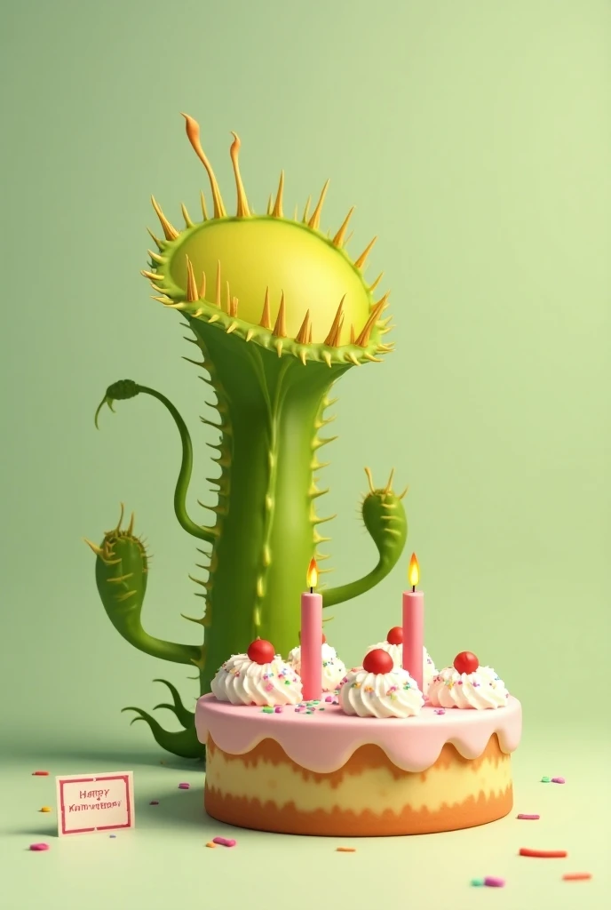 A Venus flytrap with a birthday cake and a notice that says happy birthday KarnivoraShop 