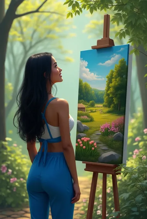 Beautiful image of the human perception of the reality that surrounds her, a beautiful young Latin woman dressed in blue with a beautiful smile and with black hair up to her shoulders, staring closely at a beautiful painting with a beautiful spring landsca...