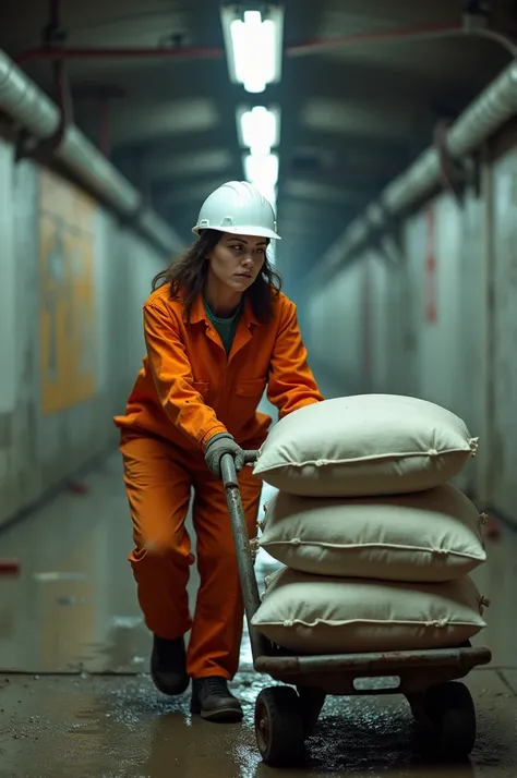  A woman at a construction site , inside a subway tunnel ,  she wears a construction helmet in the color white and uniform in the color orange ,  she is very angry because she is working ,  she is pushing a labor cart with 4 50-kilo bags of cement in the c...