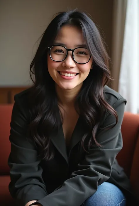 smiling woman con gafas and a jacket sitting in a room, con gafas, louise zhang, Gemma Chen, headshot foto de perfilture, Cindy Avelino, linda sonrisa ligeramente nerd, con gafas, ligera sonrisa nerd, professional foto de perfilture, 18 años, con gafas on,...