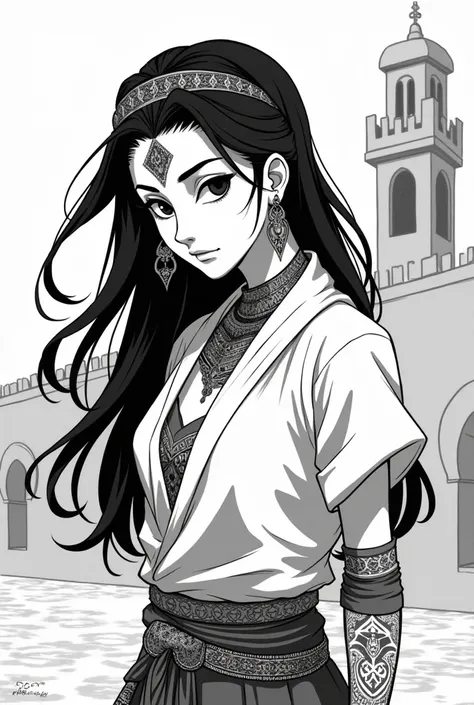 Un personnage de manga marocain en noir et blanc 
