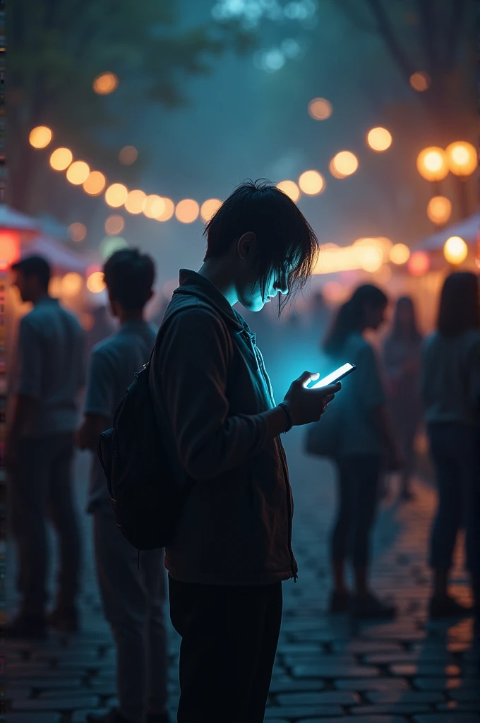 Image of an isolated person touching the cell phone near a group of people having fun without a cell phone 