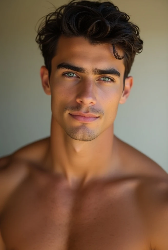 A young looking guys who is 21 years old, dark Brunette hair, piercing blue eyes, tall and athletic physique, strong jawline and chiseled features, well styled hair, sun kissed skin tone, charming smile. And overall a really handsome guy with zero facial h...