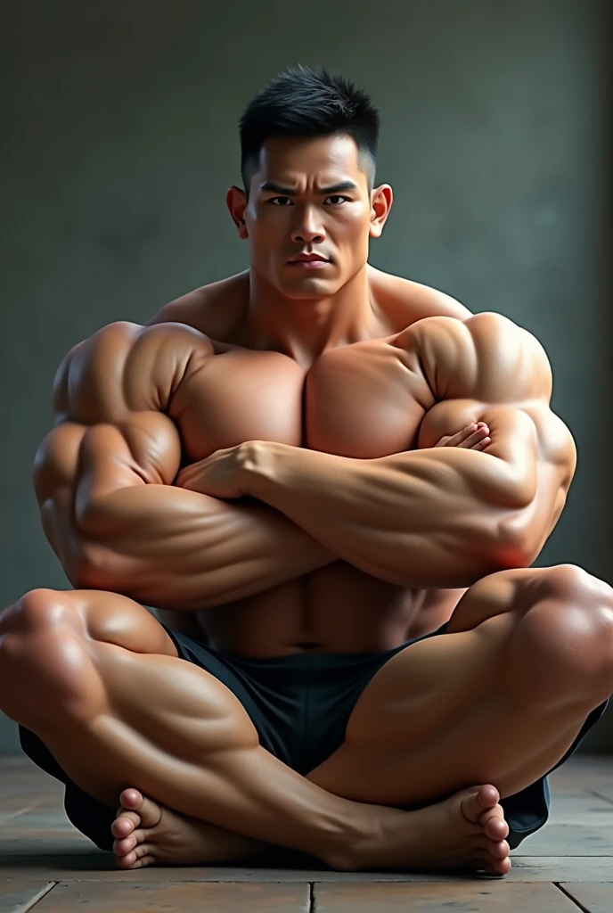 young Bodybuilder、{{{{{Sitting cross-legged tightly:5.5}}}}}、 {{{{{The muscles are very huge}}}}}、Short Hair、Asian Male、{{{{Arms crossed tightly}}}}、{{extremely detailed eyes ,skins and face}}、very high quality、{{Realism}}、{{{{not paintings}}}、not sketches...