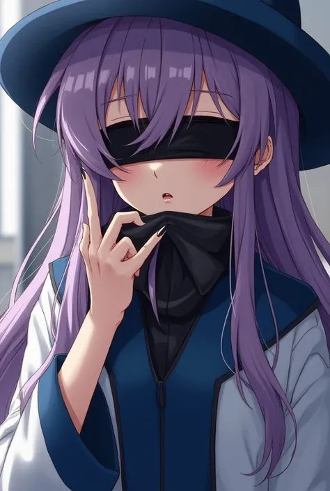 An anime girl dressed as Gojo with one hand on her face as if she were opening a black handkerchief on her face and with a malicious smile like a manipulator 