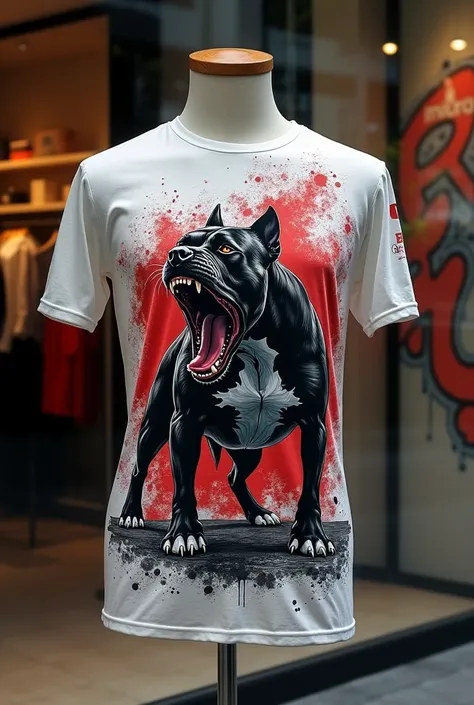 Create just a yellow mens t-shirt in a window of a luxury store t-shirt printed with an angry fighting dog Pity Bul super detailed very visible and very realistic graffiti style print with an impactful and extremely realistic scenery in the background
