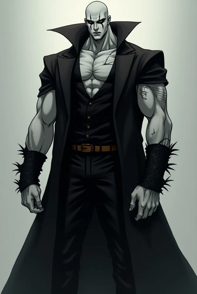  tall anime character , muscular, pale skin, skinhead style shaved hair,  black metal style paint on the face,  black vampire style overcoat , bracelets with iron thorns , gothic style leather boots  