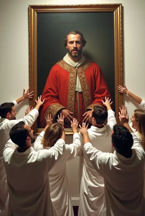 Rowdy Christian worshippers on white garments pulling down their leader’s (wearing red garments with blur face) photo from the church wall
