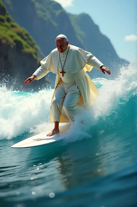 Create an image of Pope Francis surfing 