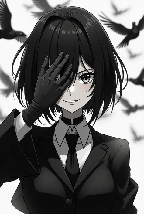 An anime girl dressed as Gojo with one hand on her face opening a flock and showing only one eye on her black face and with a malicious smile as a manipulator 