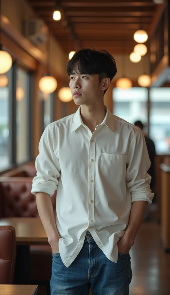 Image of a young black-haired Korean man dressed in blue jeans and a white shirt inside a restaurant looking for a job