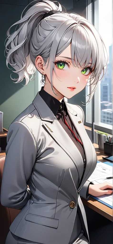 Ultra high resolution, rich colors, perfect image, top quality, detailed image, beautiful woman, glowing skin, skin and clothing texture, delicate eyes, office, gray business suit, breasts, coat, (((silver hair wavy short hair ponytail))), green eyes