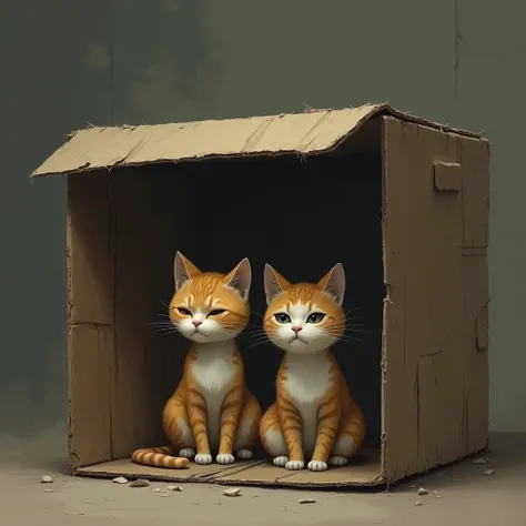 two sad cats hidden in the box