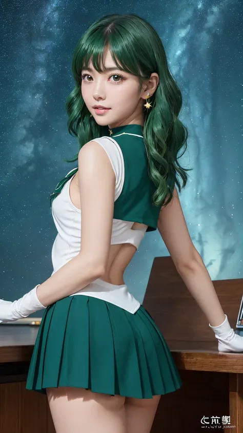 Product quality、***1 person、((6.5 heads))、 cowboy shots、((Timo Highlights ))、((( Young and Beautiful Japanese Woman )))、((( Very Beautiful Starry Sky Background :1.3)))、with chest and knees 、smile、(( Green Sailor Warrior Uniform ))、 Sailor Neptune、ribbon、 ...