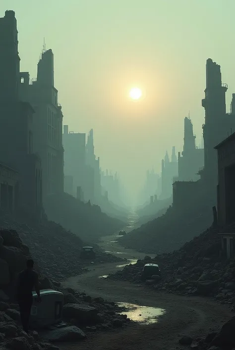 After the destruction ,  a silent and apocalyptic scene ,  with the world in ruins , lifeless,  just a desolate and abandoned landscape.  The setting must be bleak ,  with a soft glow of the Sun on the horizon ,  creating a sense of end .
