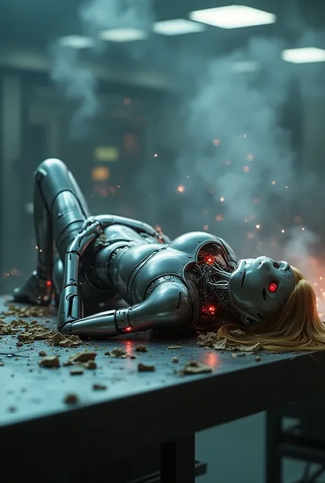 Beautiful female robot, blonde hair, wearing a metallic blue bikini, lying on a work table in a futuristic laboratory, broken, holes in skin, smoke rising from bikini, decomposing, red lights in eyes, sparks flying