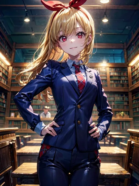 masterpiece, best quality, absurdres,
BREAK,
1 woman, RED eyes, solo, mediu_breasts,
{clear face,Ultra_Smile,HAPPY},
library:1.5, black slacks, black suits vest:1.5,
shiny blonde hair with straight collar,
(RED Ribbon on HAIRband:1.2),BREAK,
white collared...