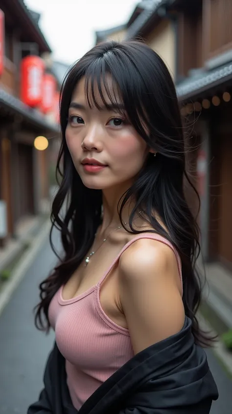  Japanese woman with a viewing angle of　Age 25　Kyoto　1 person autumn 　 standing in Gion Tatsumibashi 　 waiting for someone 　 looking at me　 casual wear　 F cup bust 　 black hair　Beauty　Elegant　 model body type 　 1 girl, solo, Long Hair,  gaze, chest, master...