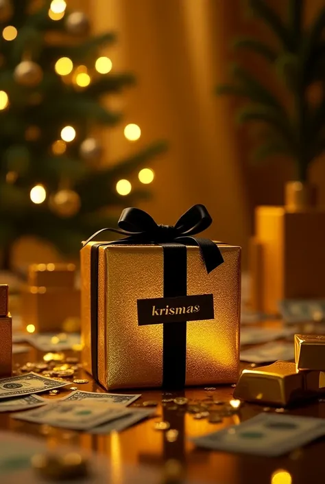 A gold gift , made of glowing gold,  tied with a black ribbon ,  with a label with the name "KrisMas ",  on the floor there are dollar bills ,  theres a Christmas tree, gold bars , gold glitters, All in gold 