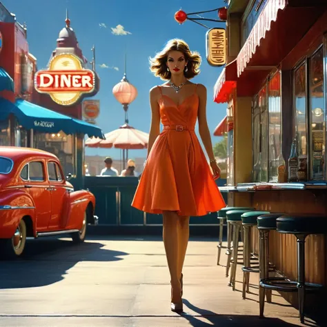 Cartoon beautiful model in a cute dress standing outside of a diner holding, fashionable, windy, art deco, anime.Peter Elson style, Alexey Maleev, Ryohei Hase, Rafael Sanzio, Pino Daeni, Charlie Bowett, Albert Joseph Peno, Ray Caesar, Ritts grass style, co...