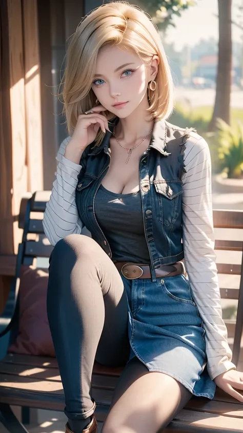 Android 18, Light Blonde hair, Medium hair shaggy cut for women, Blue Transparent eyes of Slavic Caucasians, She has sexy double eyelids above and below her eyes, The flash in the eyeballs is brilliant, She is not wearing any jewelry such as a necklace aro...