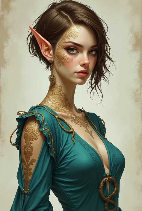 Generate me a fantasy illustration of an elf woman sorcerer. Her brown short hair is shaved on one side. She has pale albino skin and covered in small patches of bronze scales. She is dressed in teal dress with side slits, with stiched gold snake ornaments...