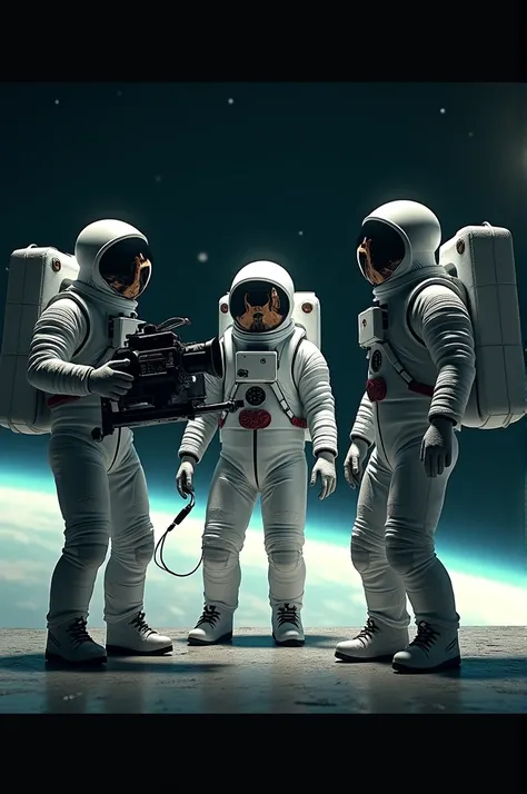 3 astronauts walking, one holds a movie camera, the second carries a movie light and the third has sound equipment for movies. 