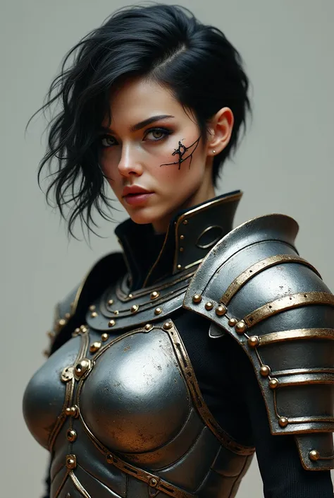 A beautifull woman black short haired (90s styled haircut) with gray eyes and a pale skin and a very strong jaw and look and with a scar on the face, while on an armor