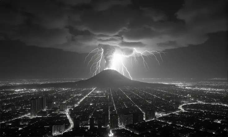 Kirlian Photography, Hyperrealistic:1.4, Ultra-realistic, Intricate Details, Professional Photography, State_of_the_Art Masterpiece, Schlieren Effect, Night-time, dramatic black and white photograph of a bustling mesmerizing cityscape, (play of lights on t...