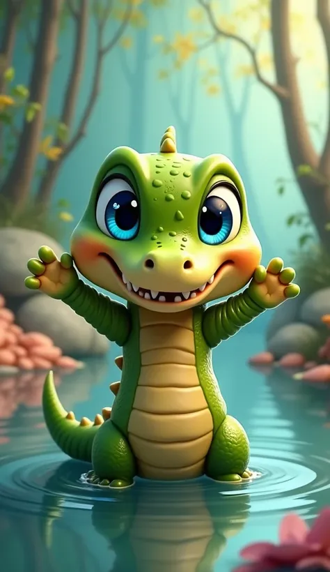 Cute baby crocodile ,  cartoon  , arms up, hands ,pretty eyes, arms up, nice clothes, about,  Detailed background ,  directly to the spectator, reflection and blue eyes 