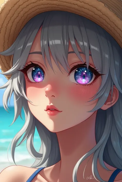   Close-up of an improved masterpiece:1.5)0.9], (Calle de Cerezos :1.2) (  long messy silver hair  :1.1) (heterochromia:   xanthochromia and blue pink  :1.2) ( summer hat with extra large brim:1.0) (  Colored stars in the eyes:1.0) (A radiant glow:1.1) (  ...