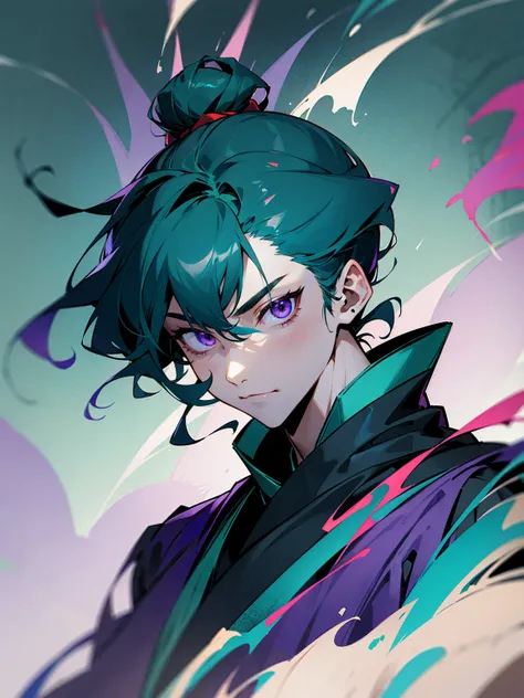 1male, teal hair, wavy hair, man bun, grey yukata, skill mask, purple eyes, buster sword, forest