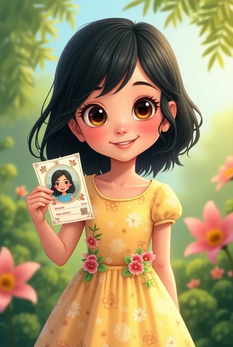 A drawing of a  girl animated in Disney style with black hair wearing a flowered dress showing her bottomless identity card 