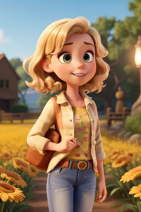  Create a PIXAR-style image of a blonde girl with short wavy hair on a flowery field and include the phrase at the bottom "Offline up to 25 .11.24"  in the spotlight