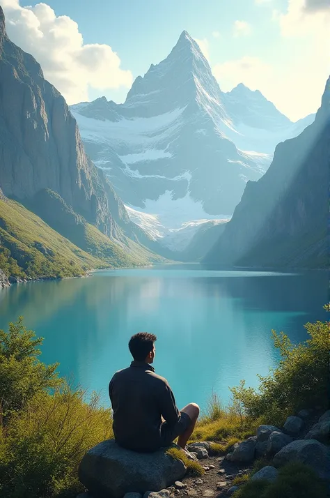 A man is relaxing sitting in the mountains