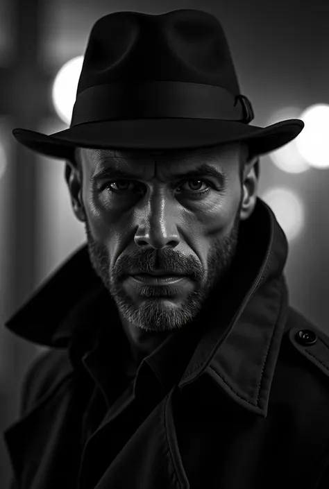 Make a Bald Detective from the 80s , He is 28 years old, Wear a hat and beard
And the photo must be black and white