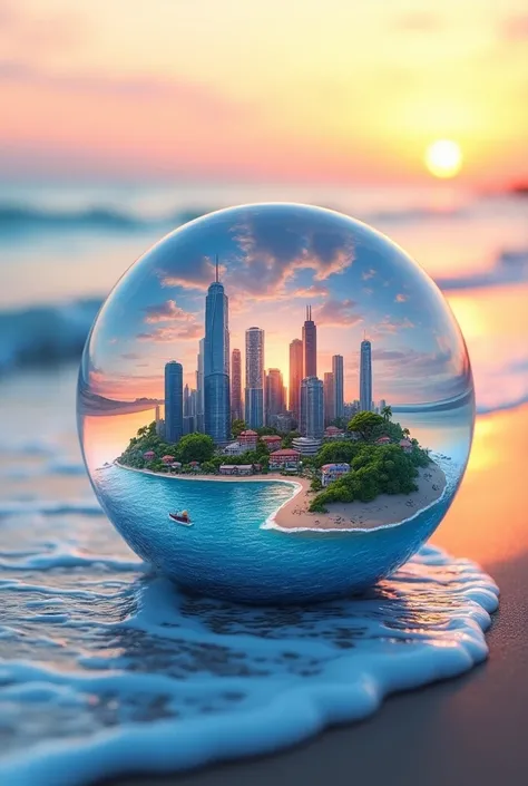 mini(ttp), (8K, RAW Photos, Highest quality, masterpiece:1.2), Colorful background, Clean background, Depth of written boundary, city, skyscraper, miniature, landscape, isometric,In the crystal ball, 16:9, Beach, Wave, lights