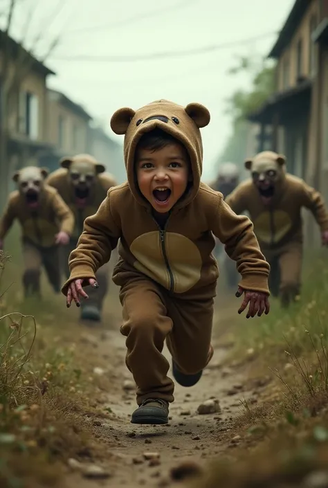 A group of zombies are chasing a boy in bear pajamas