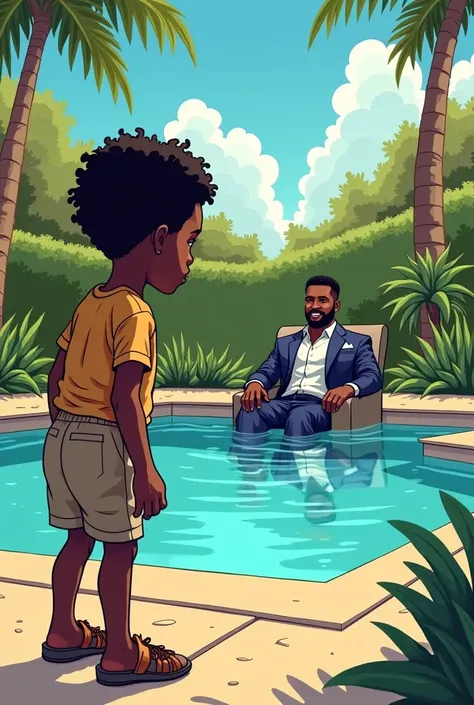 illustrate an image of a poor black child looking at a rich guy in a swimming pool in cartoon format