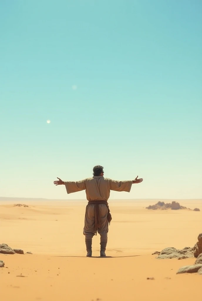 A horizontal image showing a man in the desert with his arms outstretched 