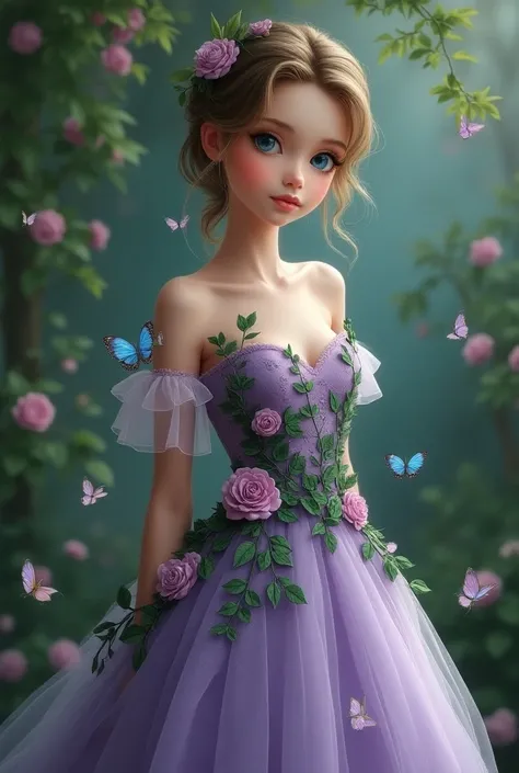 A girl with blue eyes wearing a long party dress in light purple and dark green, with very large breasts and a long dress with a rounded bottom with flowers and butterflies. 