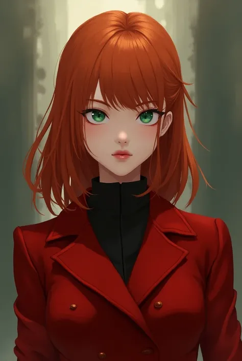  Make a girl with ginger hair that isnt even long, Not short , With light green eyes, with a cold look and a serious expression ,  who wears a red coat in anime style