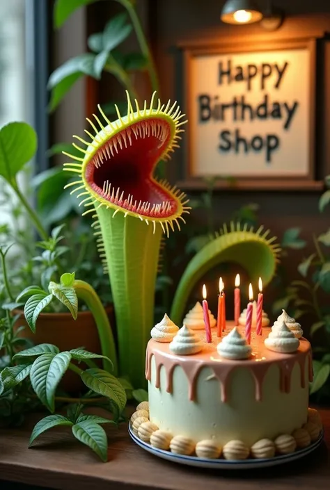 Venus flytrap plant.  and a notice that says Karnivorashop . and a birthday cake  