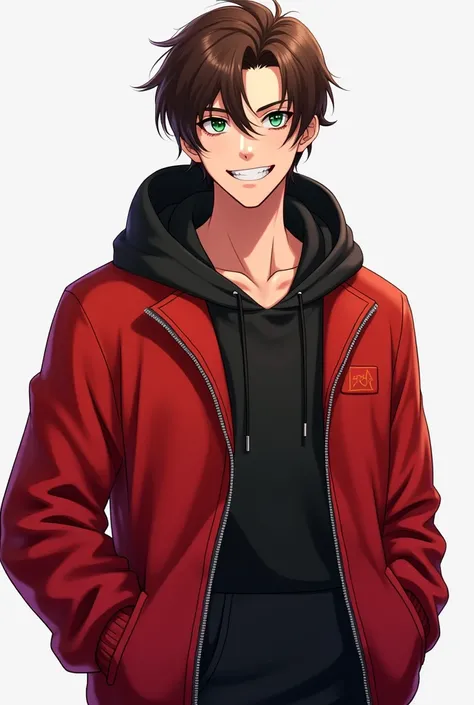 
Age: 27
Design: medium Brown hair, side bangs, dark green eyes. wears and unzipped red jacket, with black hoodie under it. Grinning face
Fullbody adult guy



