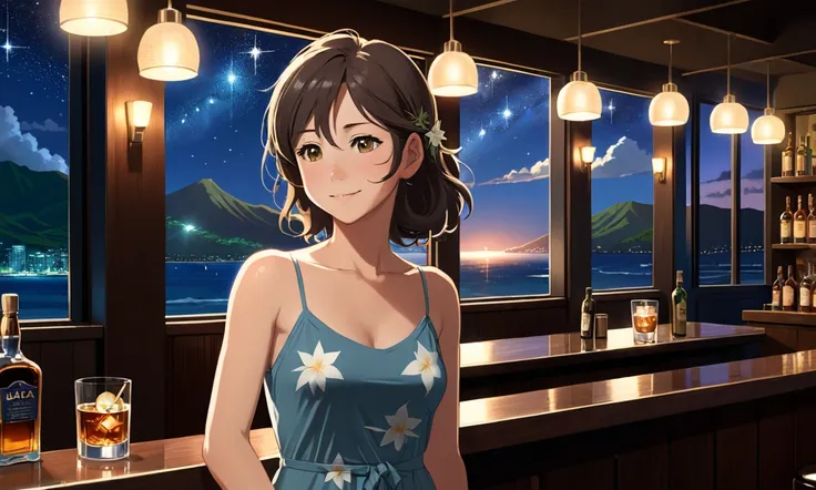 80 depiction of Makoto Shinkai %use,Portrait of Alica Schmidt,8k 4k masterpiece photo ,Hawaii,Diamond Head ,A jazz bar with a glass ceiling, stars twinkle through that glazed window,It&#39;s a dark night outside, Jazz flows down to the local area ,Beautifu...